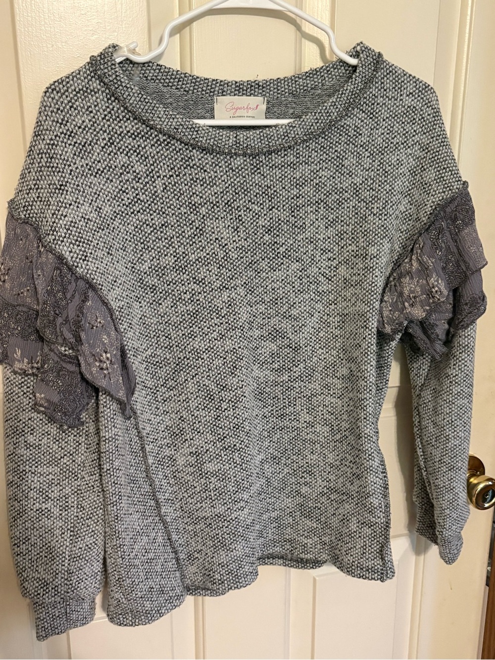 Sugarfox Grey Knit Sweater with Lace Ruffle Sleeves S